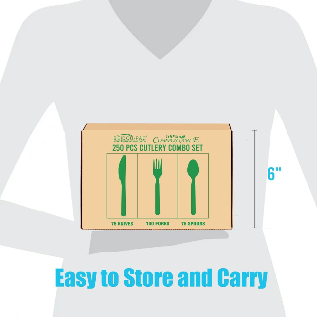 BEIDOU-PAC 250 Count Compostable Disposable Non Plastic Silverware, Heavy Duty Biodegradable Forks Spoons Knives Cutlery Set, Eco Friendly Recyclable Flatware Utensils for Party Wedding Daily Use