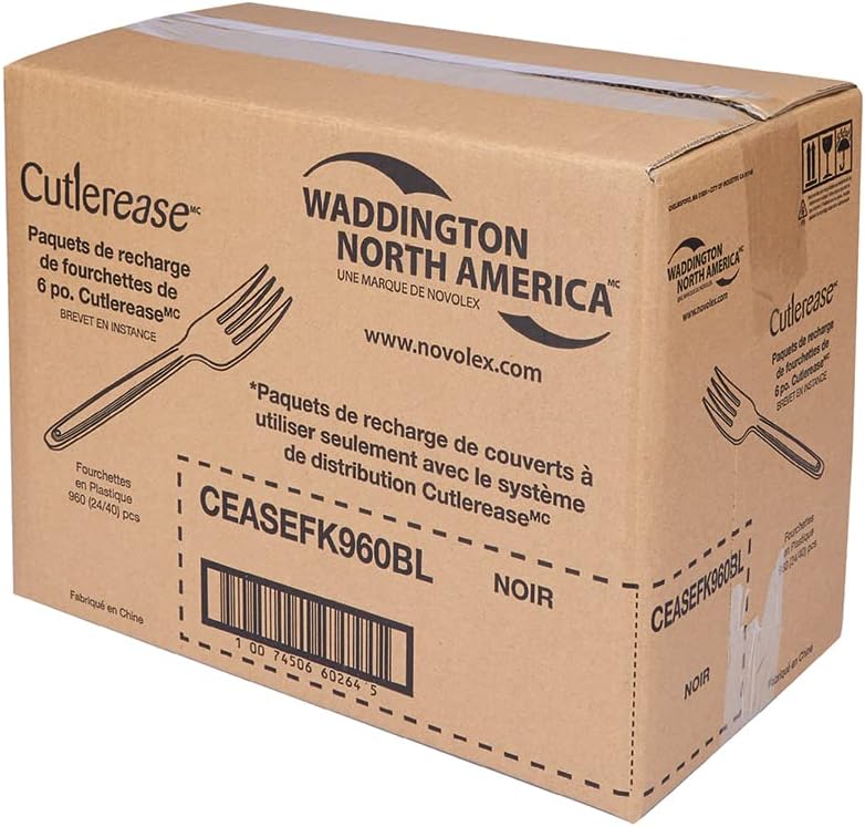 WNA Cutlerease Black Plastic Fork Refill, Bulk Pack of 960 Forks, For Use With Cutlerease Dispensing System, Polystyrene Disposable Cutlery, Made in the USA