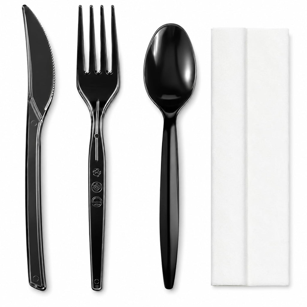 Uiifan 300 Set Plastic Silverware Knife Fork Spoon Napkin, Black
