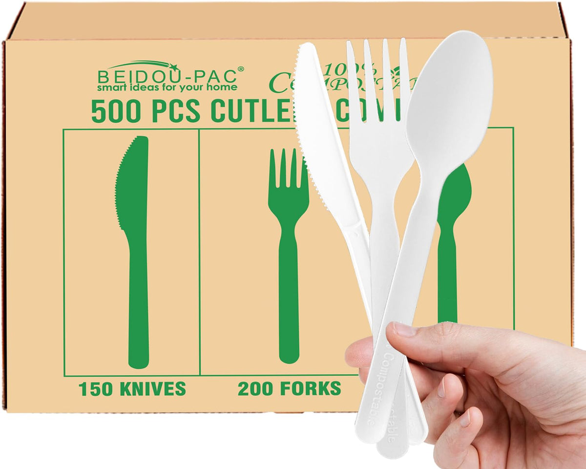 BEIDOU-PAC 250 Count Compostable Disposable Non Plastic Silverware, Heavy Duty Biodegradable Forks Spoons Knives Cutlery Set, Eco Friendly Recyclable Flatware Utensils for Party Wedding Daily Use