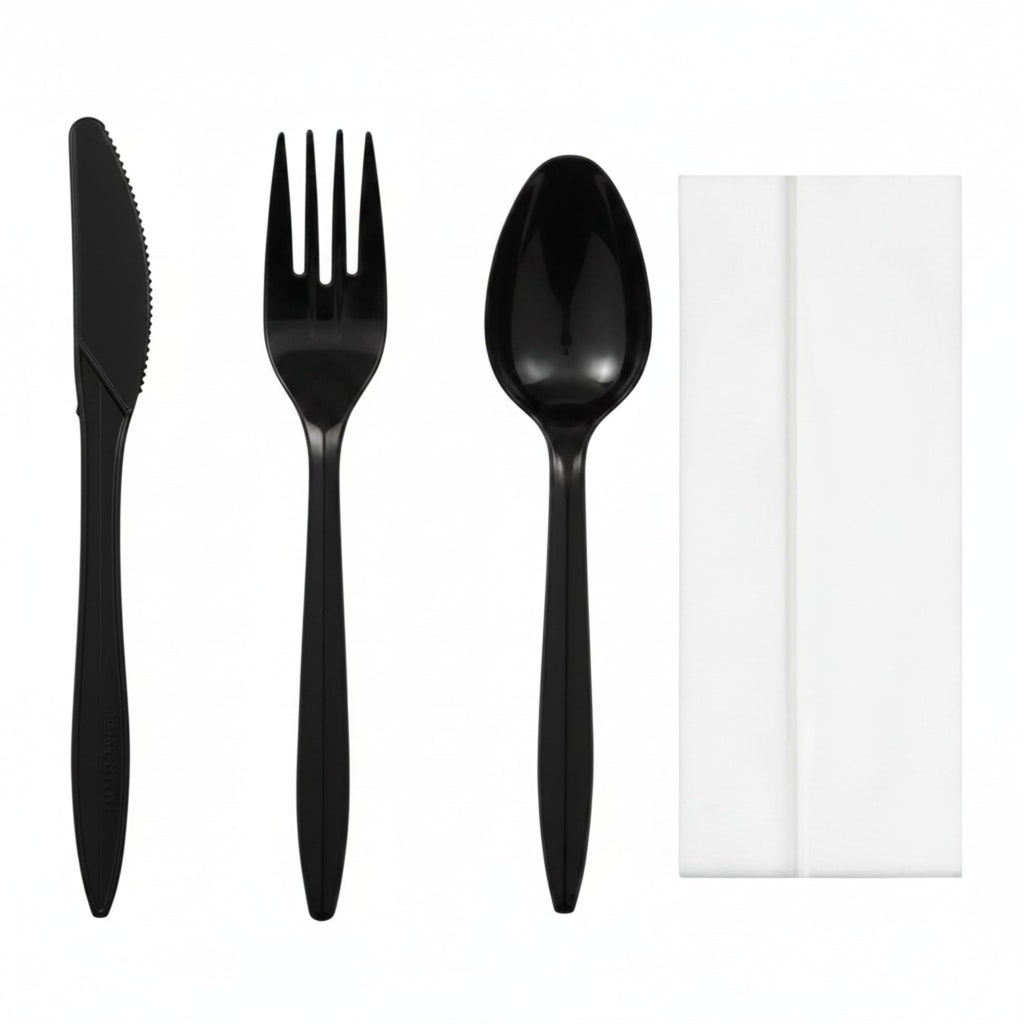 Uiifan 300 Set Plastic Silverware Knife Fork Spoon Napkin, Black