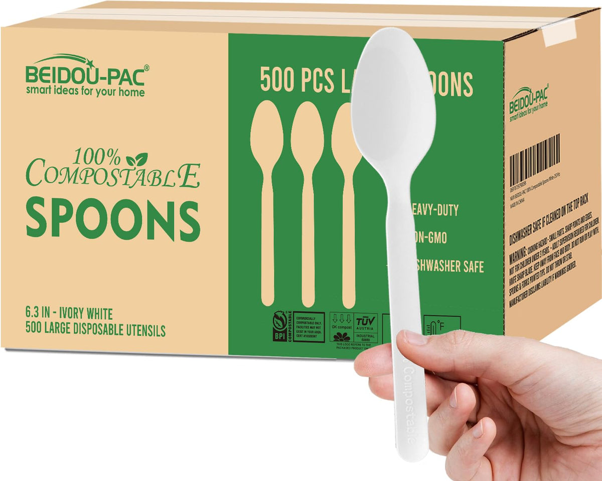 BEIDOU-PAC 250 Count Compostable Disposable Non Plastic Silverware, Heavy Duty Biodegradable Forks Spoons Knives Cutlery Set, Eco Friendly Recyclable Flatware Utensils for Party Wedding Daily Use