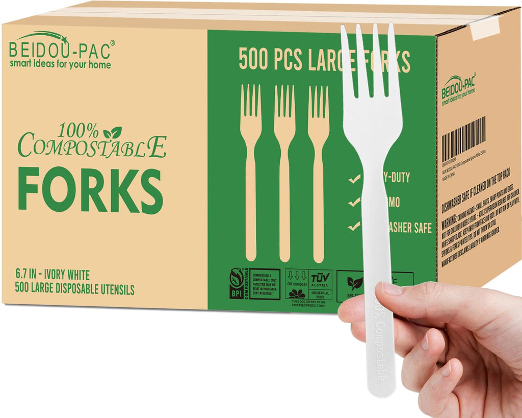 BEIDOU-PAC 250 Count Compostable Disposable Non Plastic Silverware, Heavy Duty Biodegradable Forks Spoons Knives Cutlery Set, Eco Friendly Recyclable Flatware Utensils for Party Wedding Daily Use