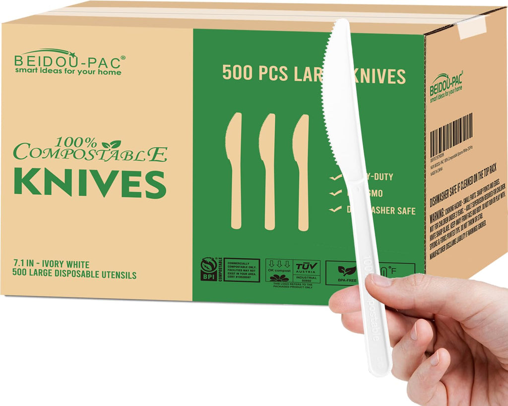 BEIDOU-PAC 250 Count Compostable Disposable Non Plastic Silverware, Heavy Duty Biodegradable Forks Spoons Knives Cutlery Set, Eco Friendly Recyclable Flatware Utensils for Party Wedding Daily Use