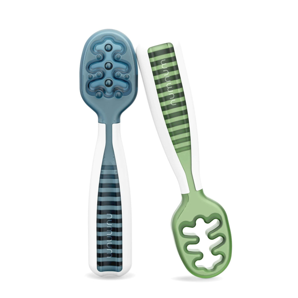 NumNum Baby Spoons Self Feeding 6 Months, 2-Pack Blue/Orange