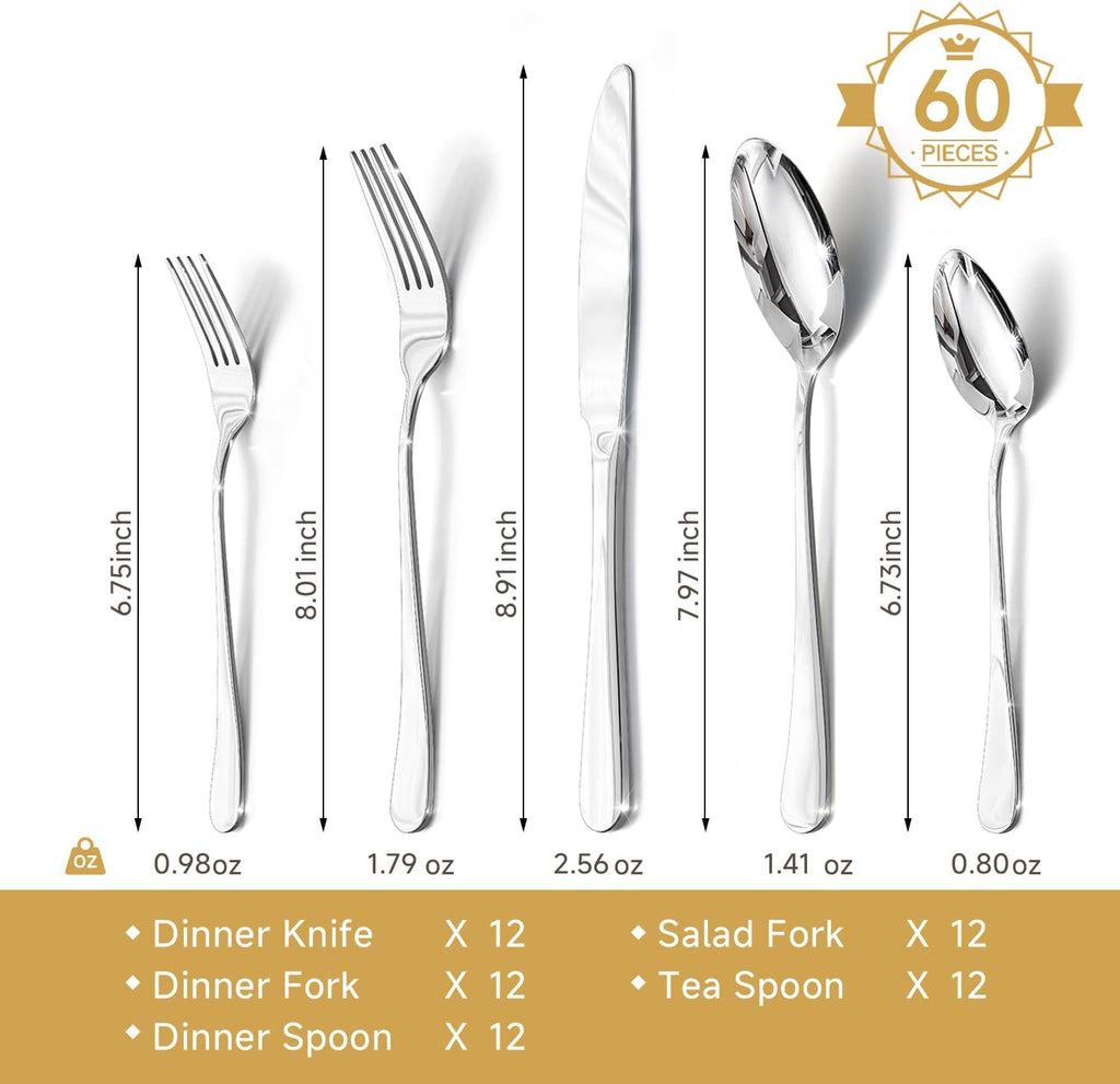 HIKAA 60PCS Silverware Set Service for 12, Premium Stainless Steel Flatware Set Mirror Polished, Modern Kitchen Cutlery Set with Spoons Forks Knives, Dishwasher Safe Utensils for Home Restaurant