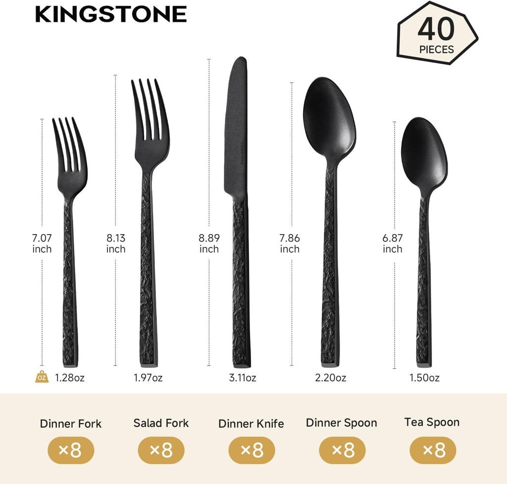 40 Pcs Black Hammered Silverware Set for 8, 18/10 Stainless Steel Flatware