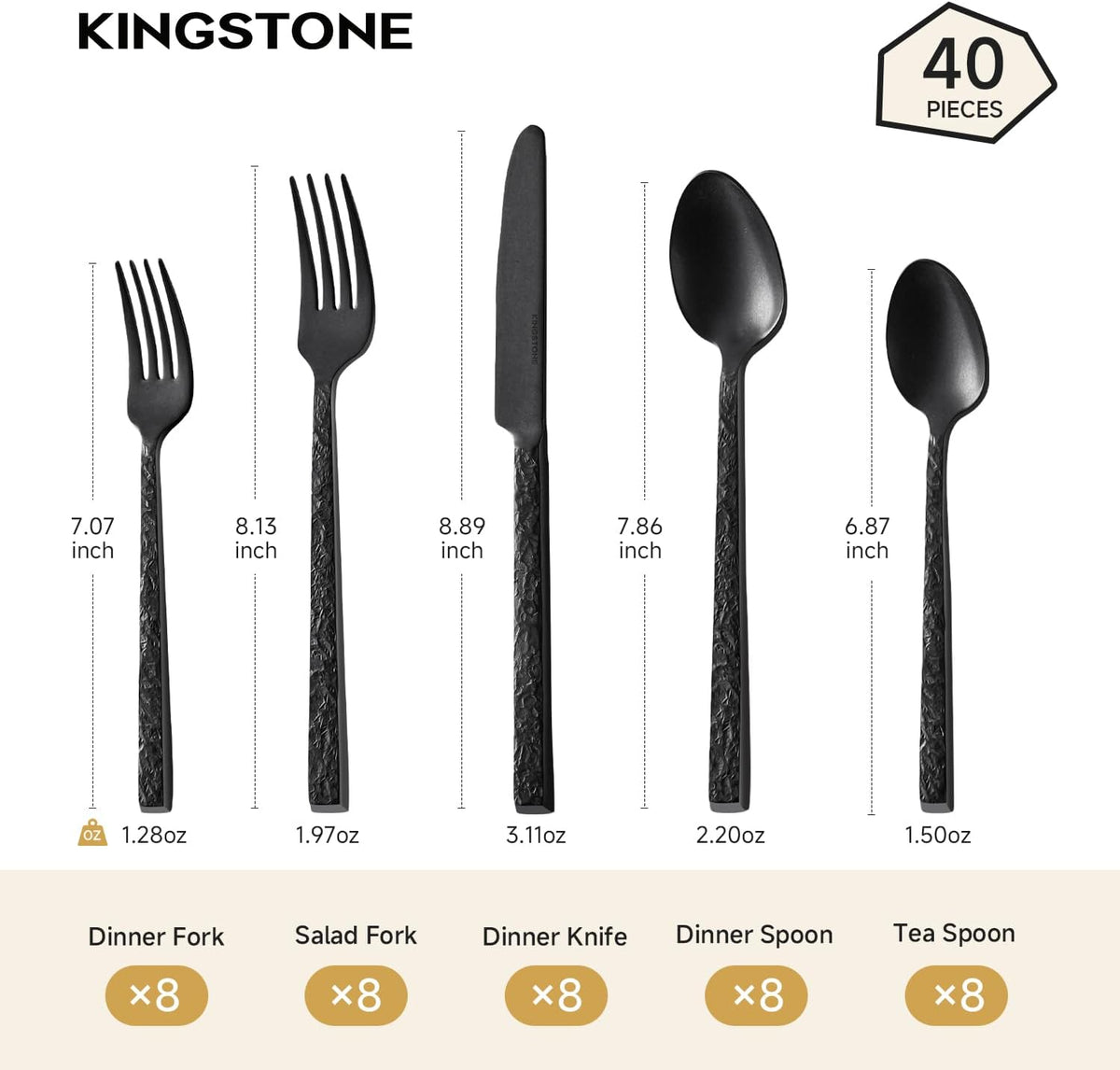 40 Pcs Black Hammered Silverware Set for 8, 18/10 Stainless Steel Flatware