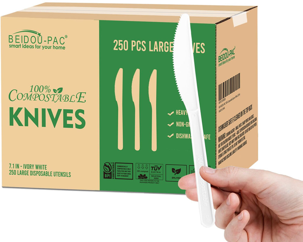 BEIDOU-PAC 250 Count Compostable Disposable Non Plastic Silverware, Heavy Duty Biodegradable Forks Spoons Knives Cutlery Set, Eco Friendly Recyclable Flatware Utensils for Party Wedding Daily Use