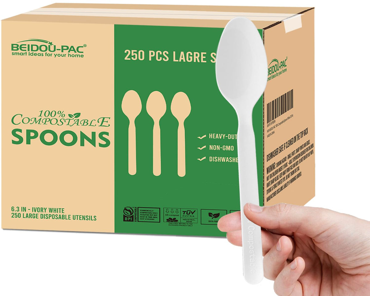 BEIDOU-PAC 250 Count Compostable Disposable Non Plastic Silverware, Heavy Duty Biodegradable Forks Spoons Knives Cutlery Set, Eco Friendly Recyclable Flatware Utensils for Party Wedding Daily Use