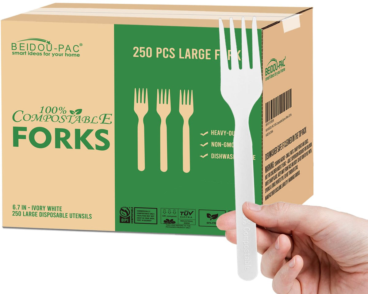 BEIDOU-PAC 250 Count Compostable Disposable Non Plastic Silverware, Heavy Duty Biodegradable Forks Spoons Knives Cutlery Set, Eco Friendly Recyclable Flatware Utensils for Party Wedding Daily Use