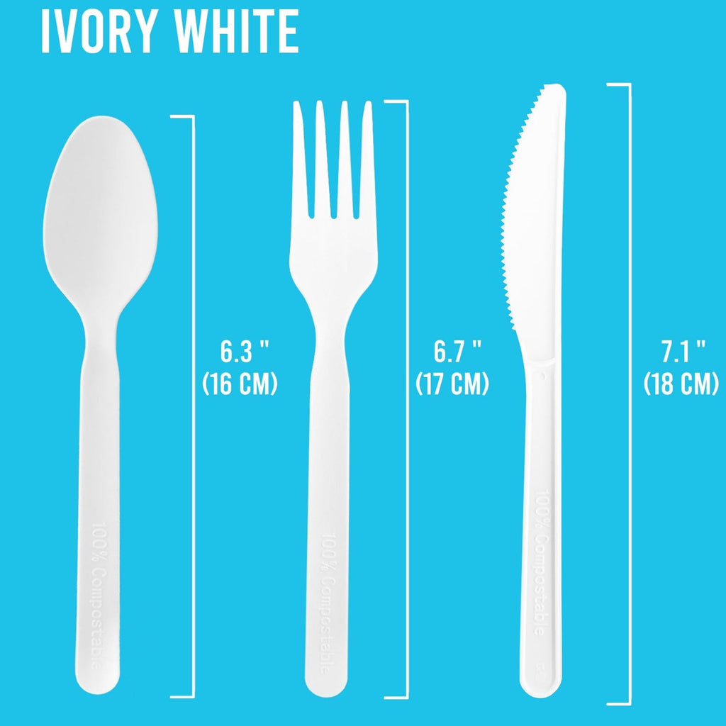 BEIDOU-PAC 250 Count Compostable Disposable Non Plastic Silverware, Heavy Duty Biodegradable Forks Spoons Knives Cutlery Set, Eco Friendly Recyclable Flatware Utensils for Party Wedding Daily Use