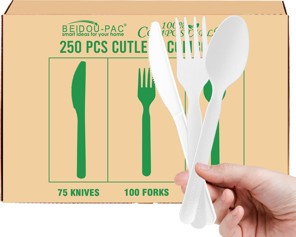 BEIDOU-PAC 250 Count Compostable Disposable Non Plastic Silverware, Heavy Duty Biodegradable Forks Spoons Knives Cutlery Set, Eco Friendly Recyclable Flatware Utensils for Party Wedding Daily Use
