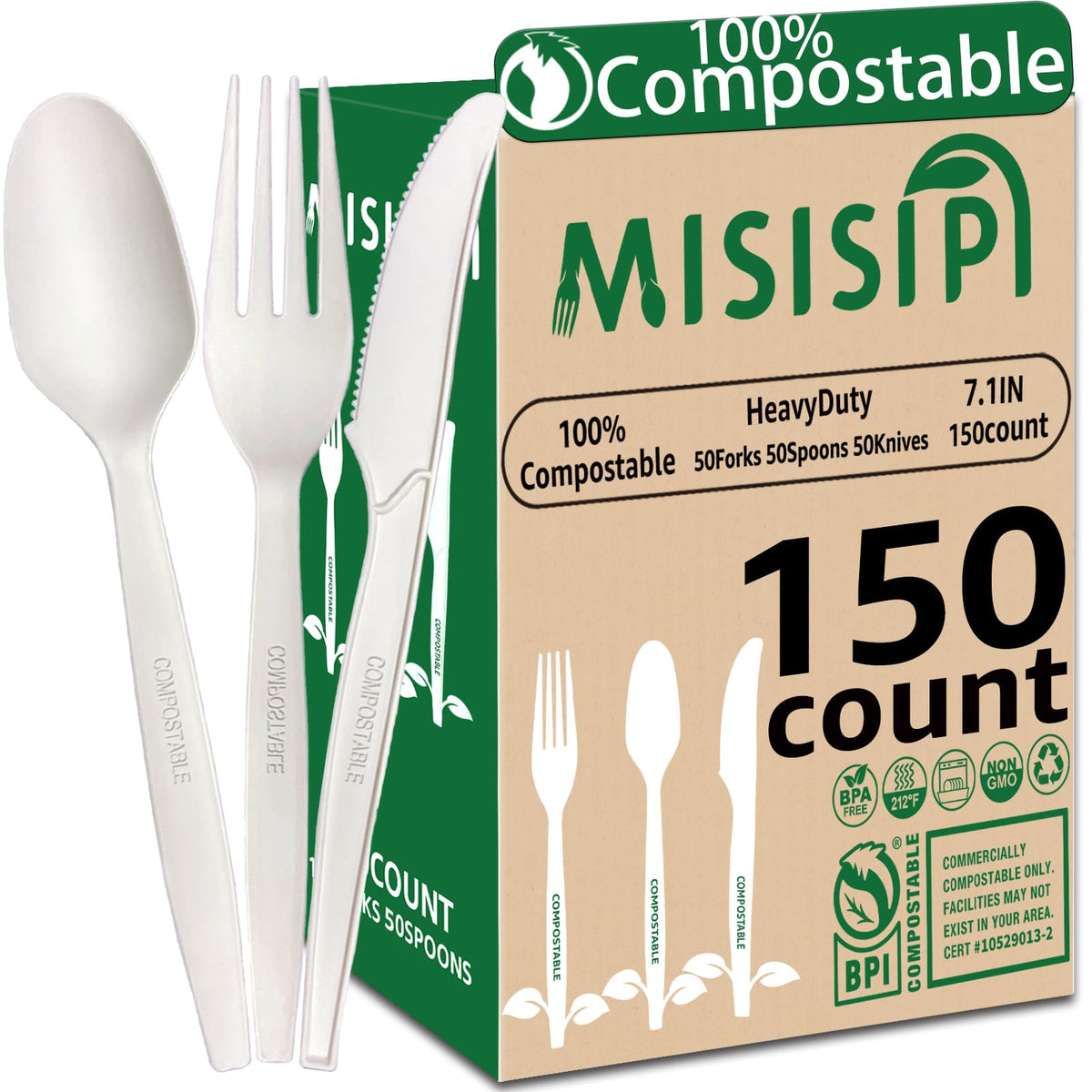 MISISIPI Compostable Forks Spoons Knives Silverware Utensil set Extra Heavyduty Eco-friendly BPI Certified Disposable Plastic free Utensils Cutlery Set Flatware Tableware (Cutlery Set-500)