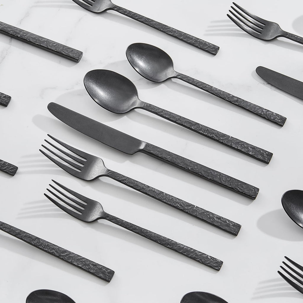 40 Pcs Black Hammered Silverware Set for 8, 18/10 Stainless Steel Flatware