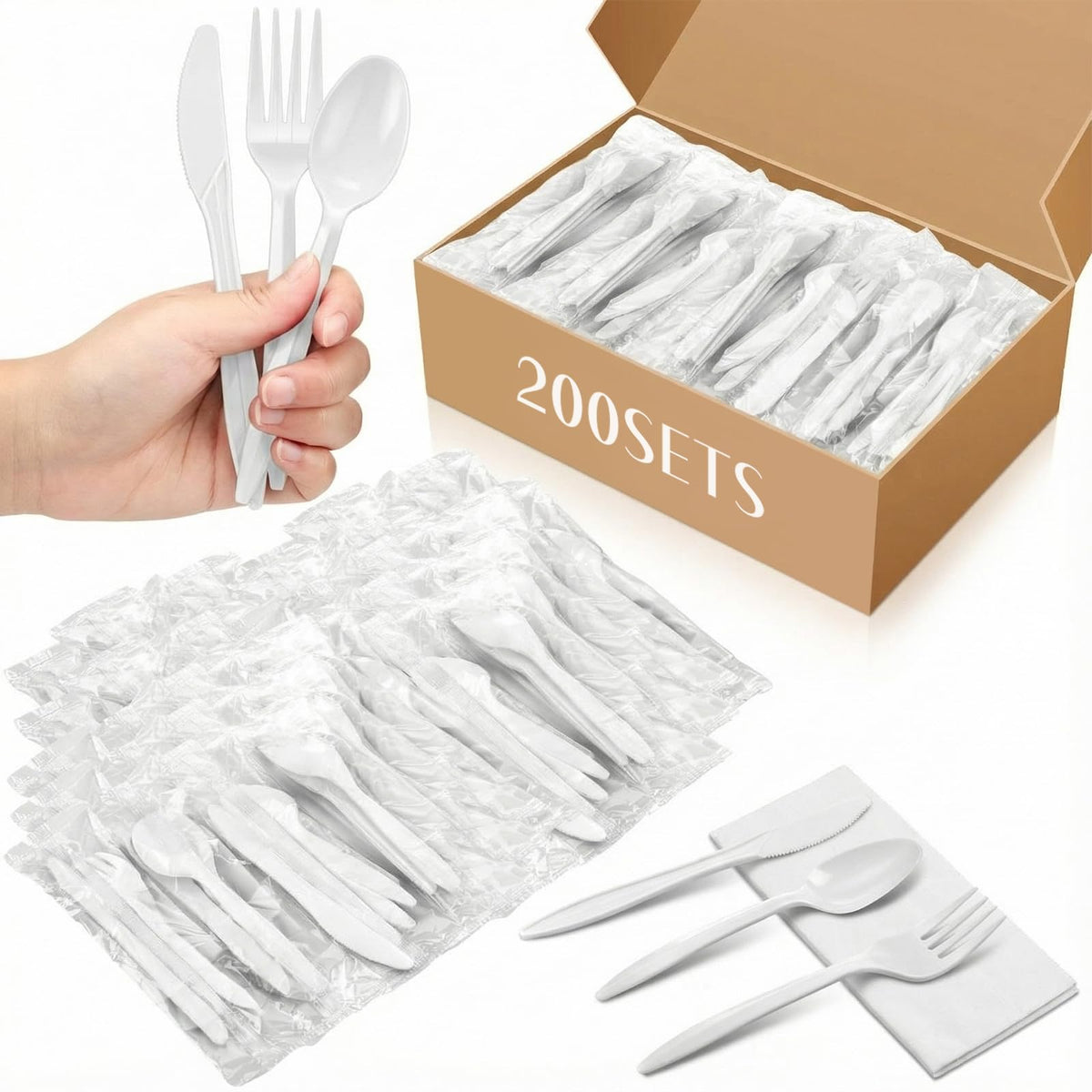 Uiifan 300 Set Plastic Silverware Knife Fork Spoon Napkin, Black