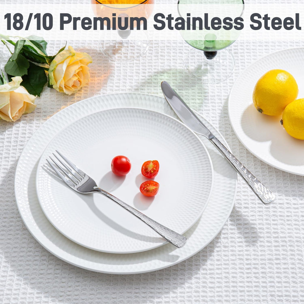60 Pcs Silverware Set 18/10 Stainless Steel Hammered Flatware Set for 12