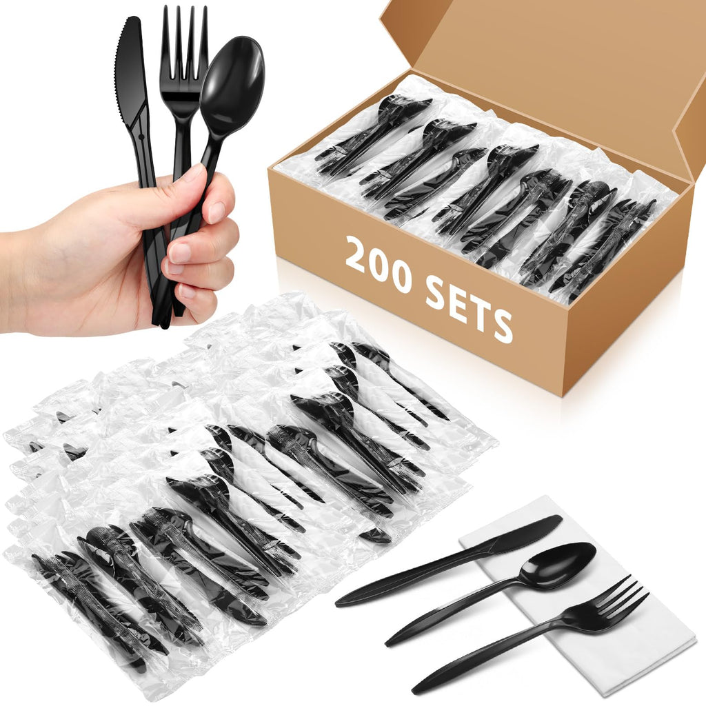 Uiifan 300 Set Plastic Silverware Knife Fork Spoon Napkin, Black