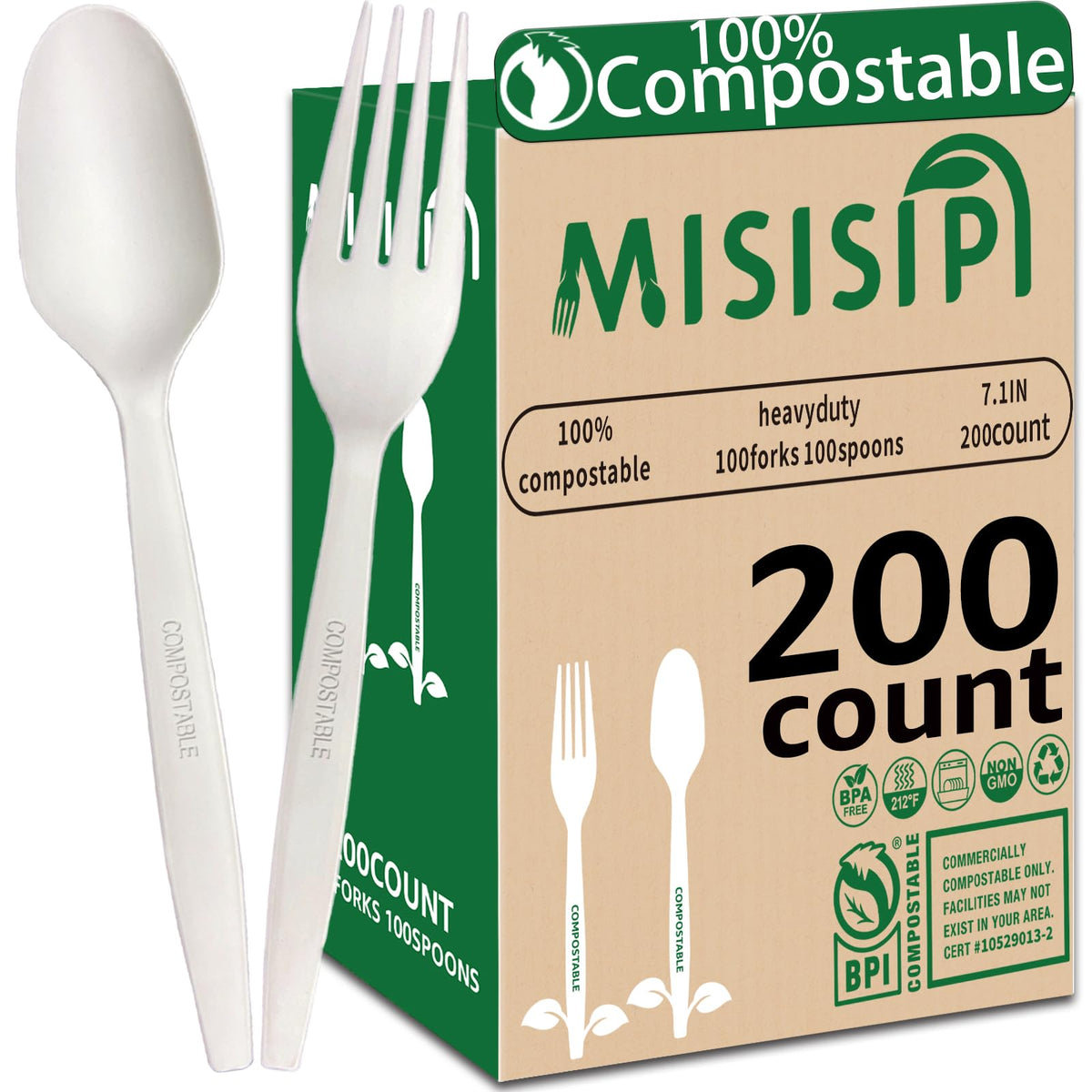 MISISIPI Compostable Forks Spoons Knives Silverware Utensil set Extra Heavyduty Eco-friendly BPI Certified Disposable Plastic free Utensils Cutlery Set Flatware Tableware (Cutlery Set-500)