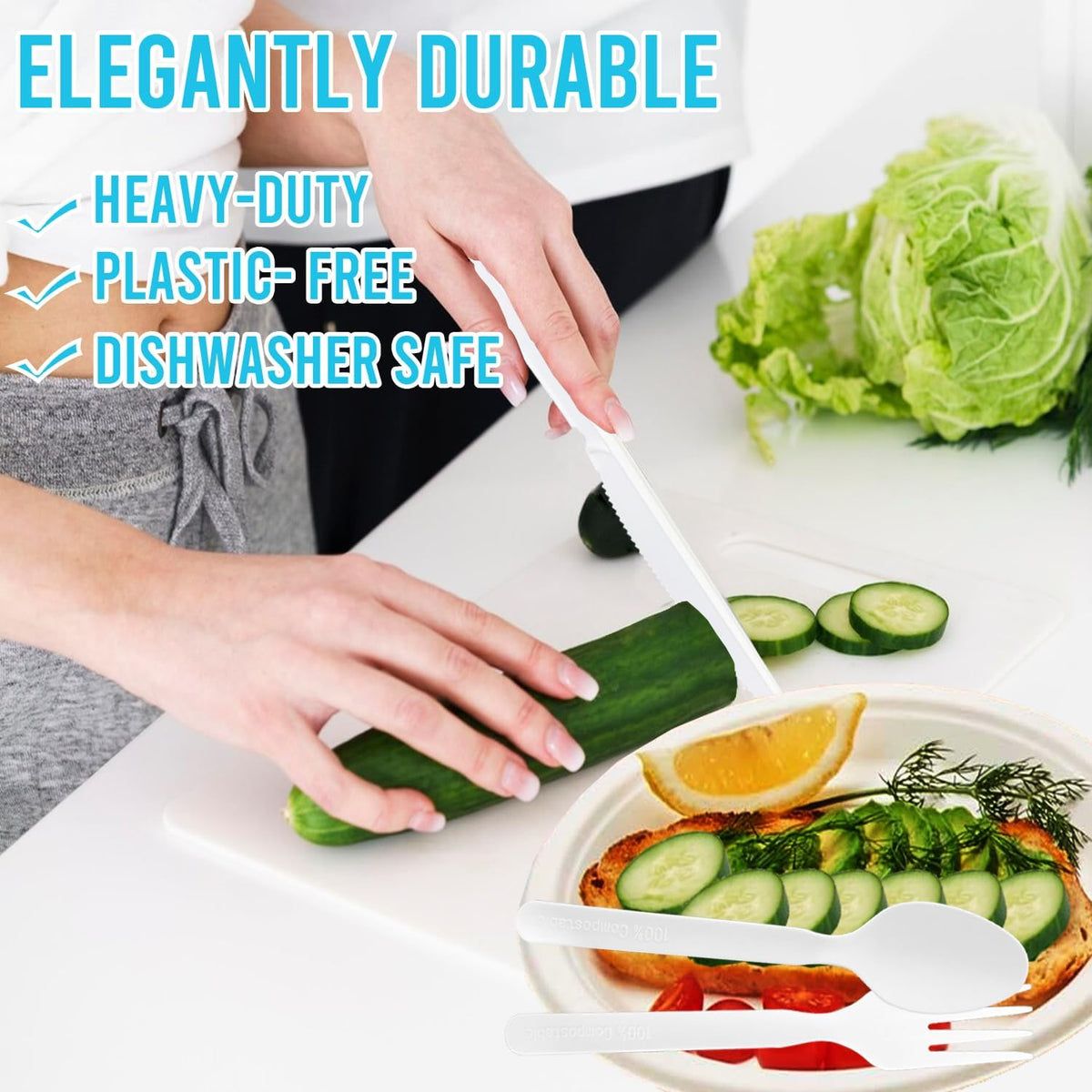 BEIDOU-PAC 250 Count Compostable Disposable Non Plastic Silverware, Heavy Duty Biodegradable Forks Spoons Knives Cutlery Set, Eco Friendly Recyclable Flatware Utensils for Party Wedding Daily Use