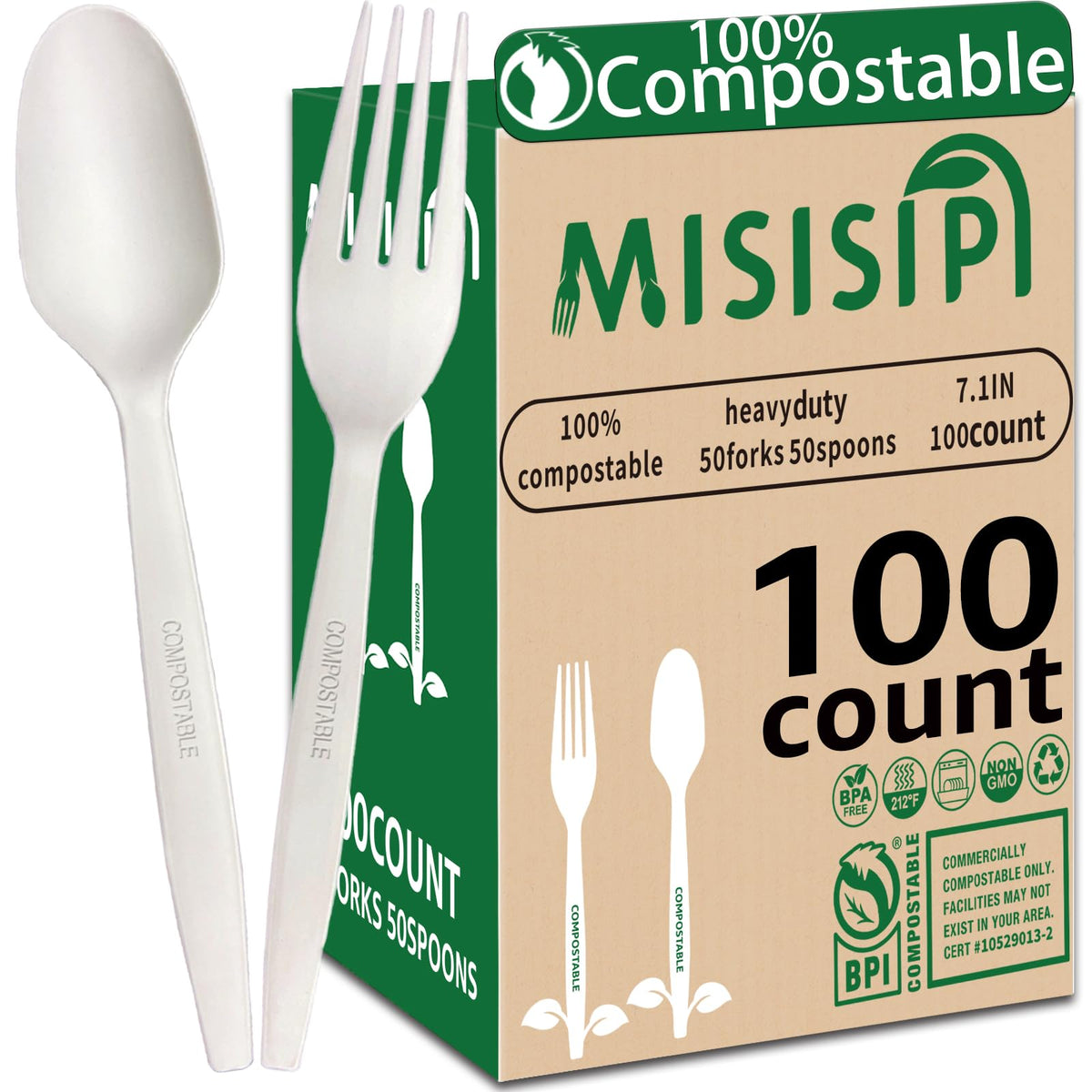 MISISIPI Compostable Forks Spoons Knives Silverware Utensil set Extra Heavyduty Eco-friendly BPI Certified Disposable Plastic free Utensils Cutlery Set Flatware Tableware (Cutlery Set-500)