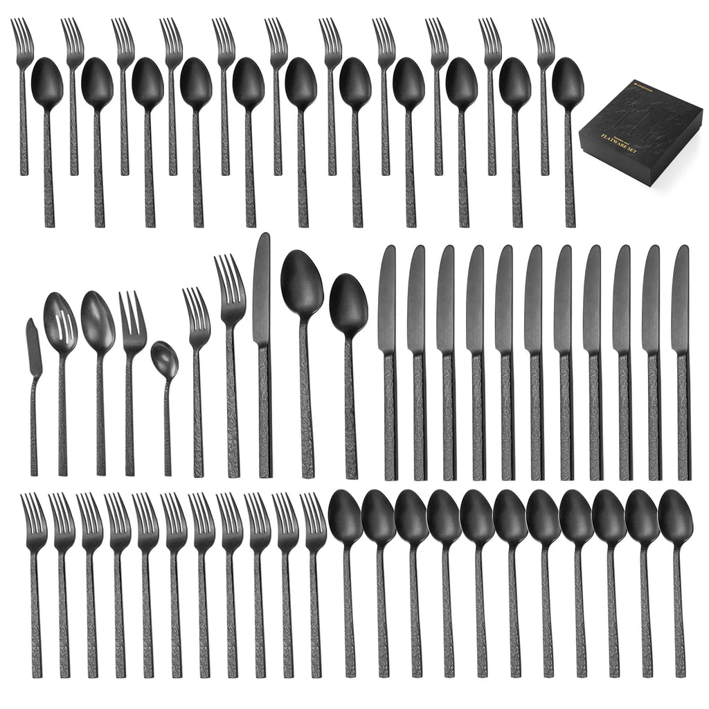 40 Pcs Black Hammered Silverware Set for 8, 18/10 Stainless Steel Flatware