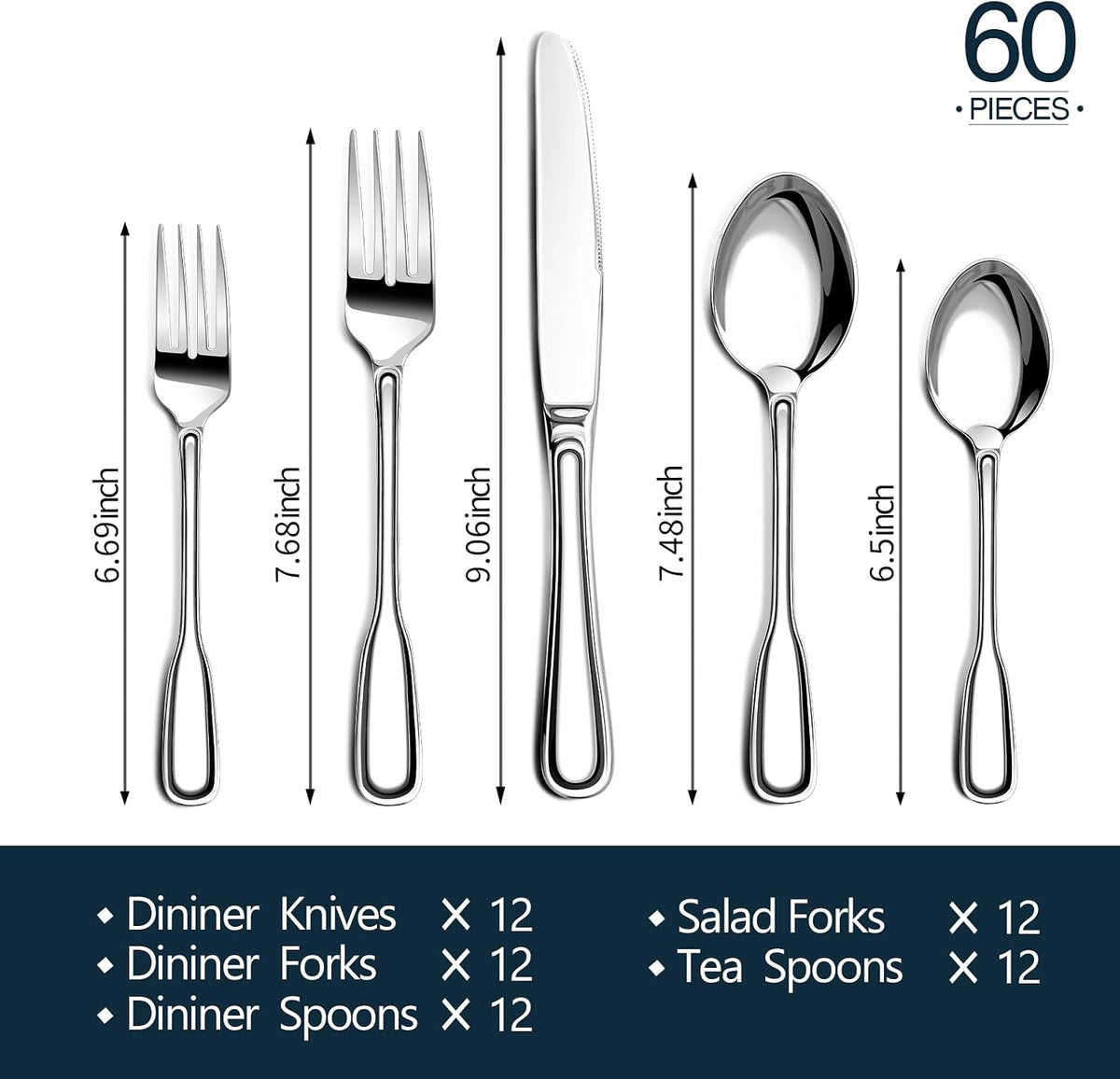 Silverware Set for 12, 60 Piece Boston Style Stainless Steel Flatware Set