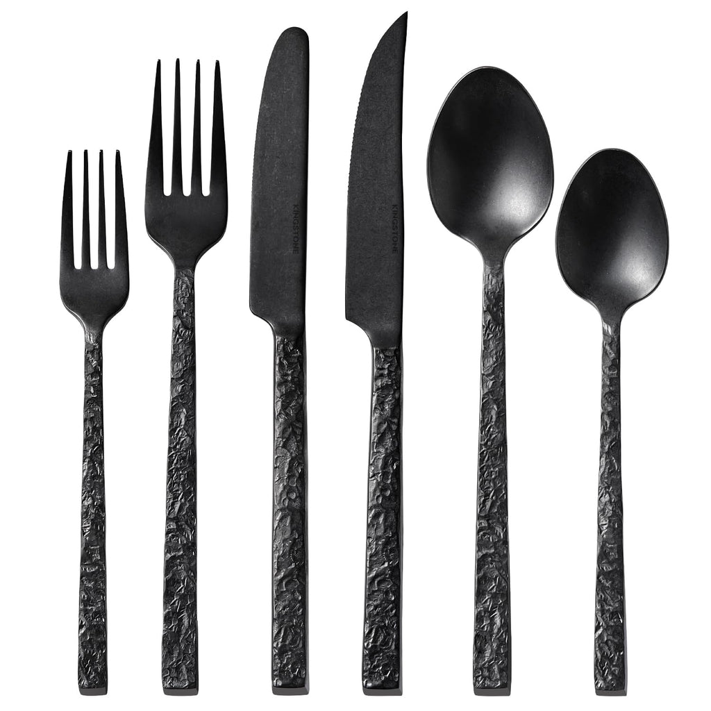 40 Pcs Black Hammered Silverware Set for 8, 18/10 Stainless Steel Flatware