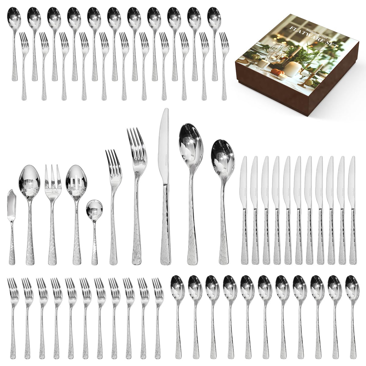 60 Pcs Silverware Set 18/10 Stainless Steel Hammered Flatware Set for 12