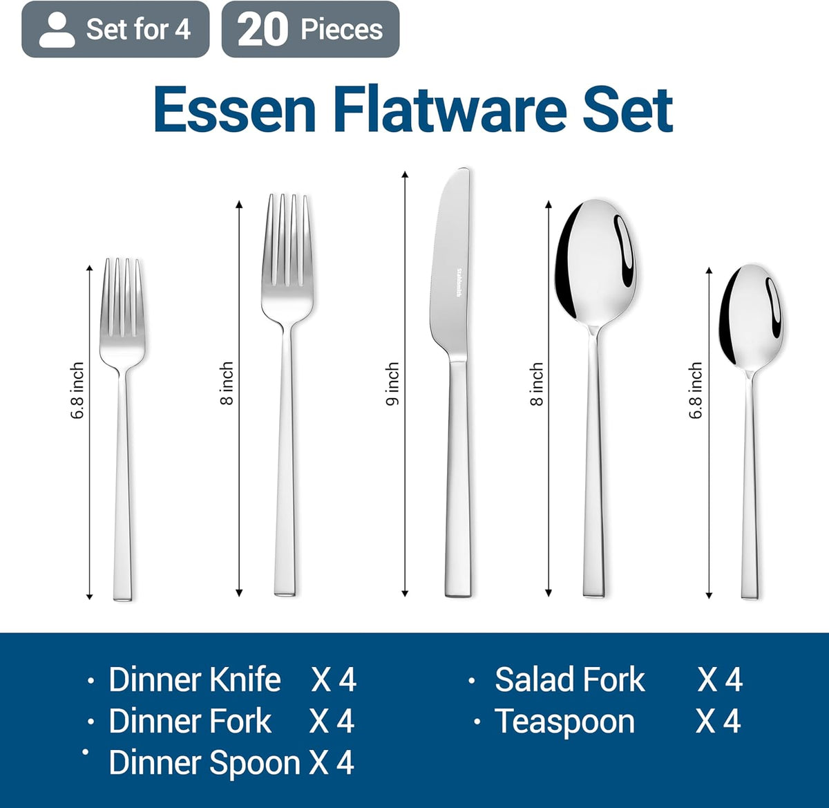20-Piece Durable 18/10 Silverware Set, Stainless Steel Flatware