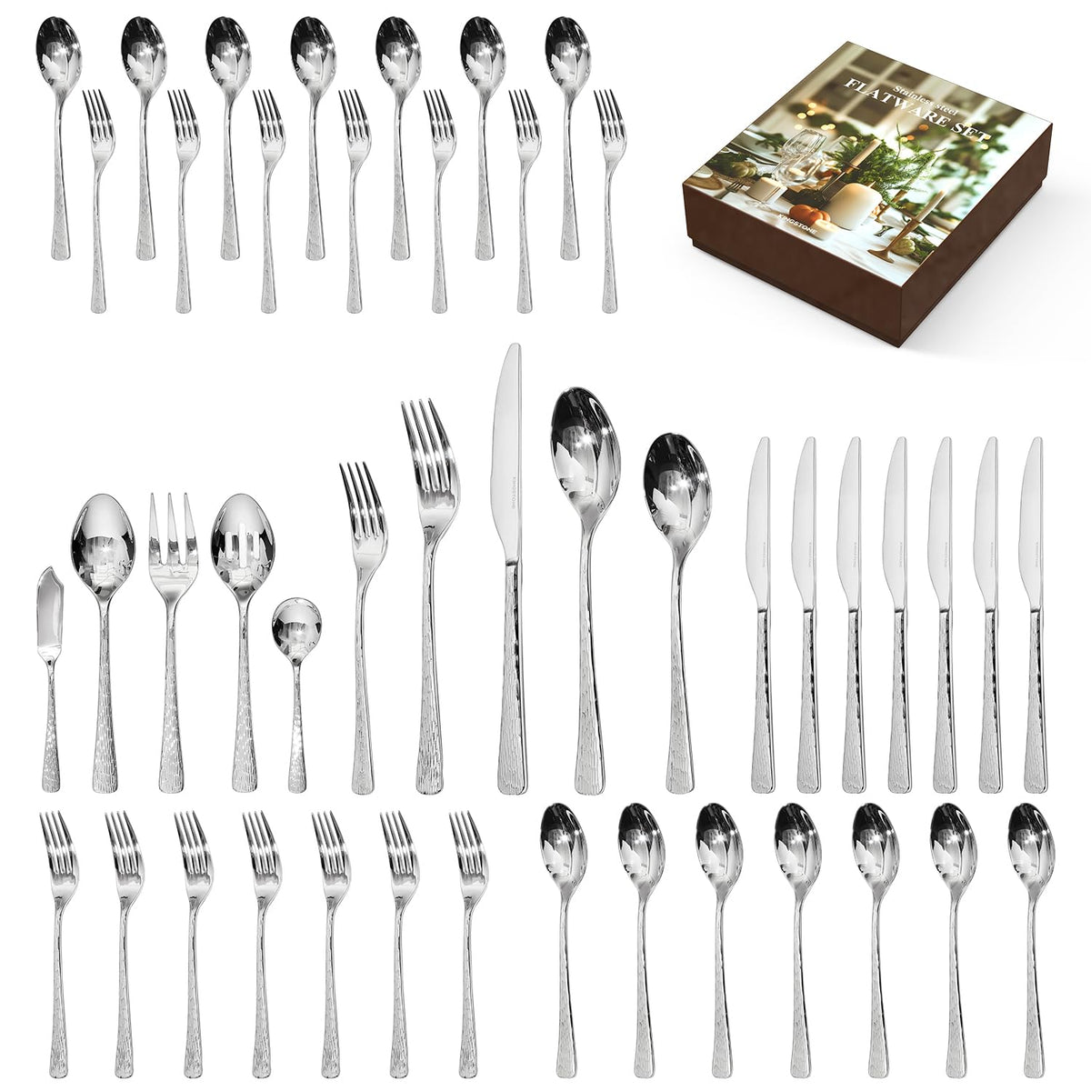 60 Pcs Silverware Set 18/10 Stainless Steel Hammered Flatware Set for 12