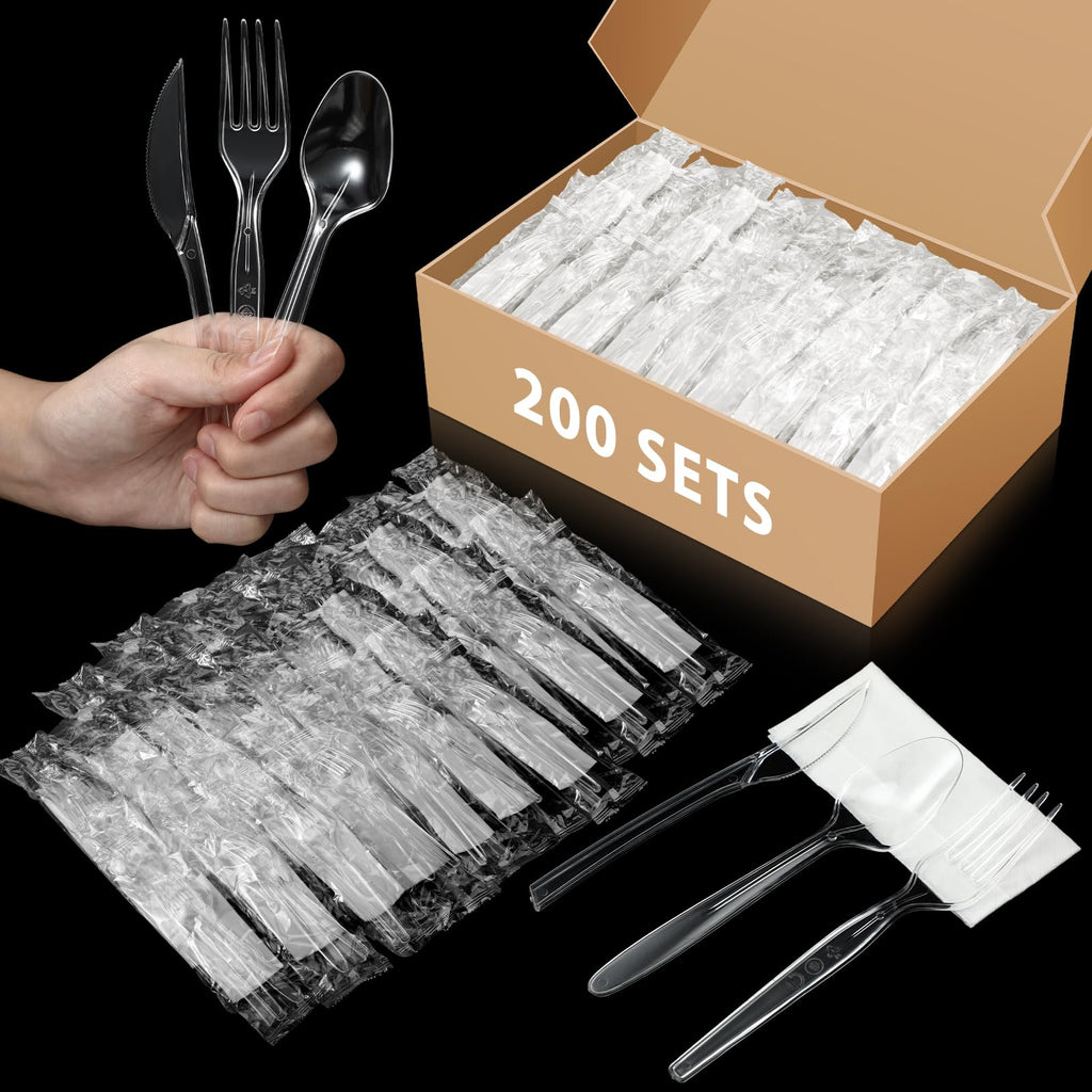 Uiifan 300 Set Plastic Silverware Knife Fork Spoon Napkin, Black