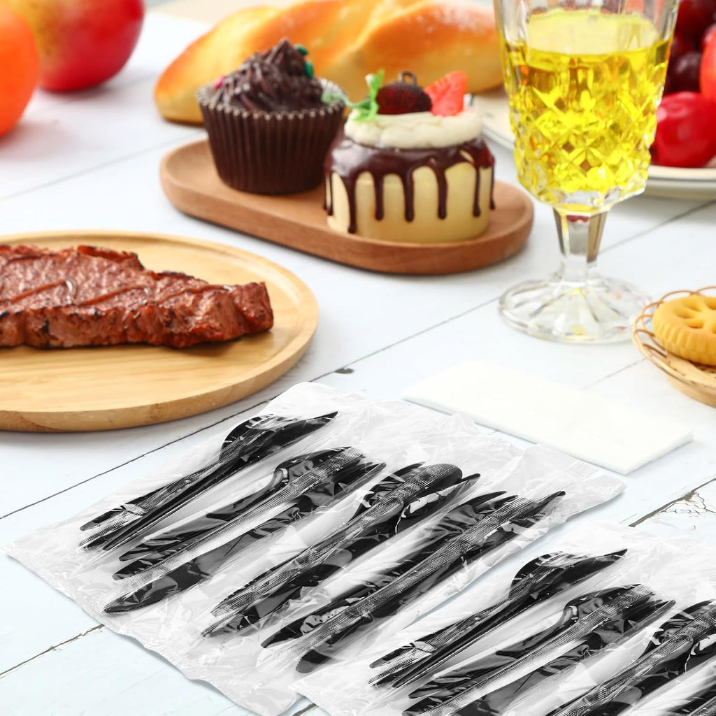 Uiifan 300 Set Plastic Silverware Knife Fork Spoon Napkin, Black