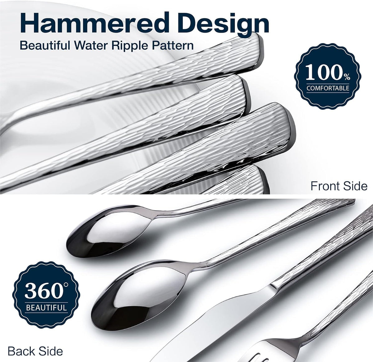 60 Pcs Silverware Set 18/10 Stainless Steel Hammered Flatware Set for 12