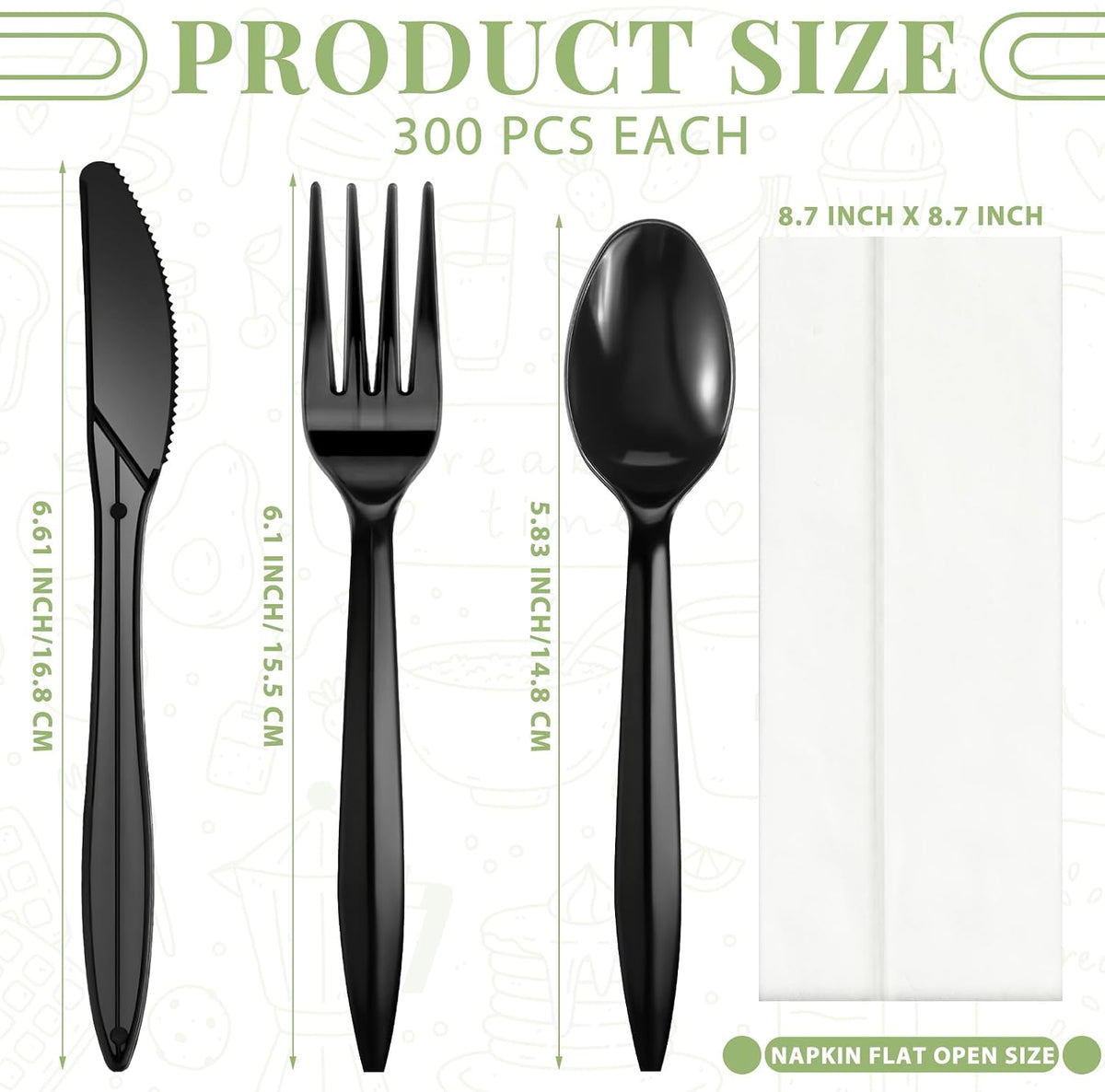 Uiifan 300 Set Plastic Silverware Knife Fork Spoon Napkin, Black