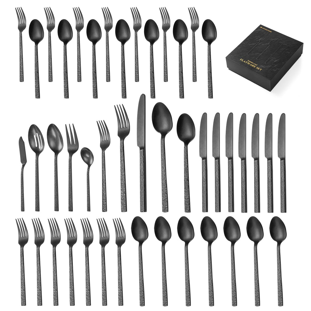 40 Pcs Black Hammered Silverware Set for 8, 18/10 Stainless Steel Flatware