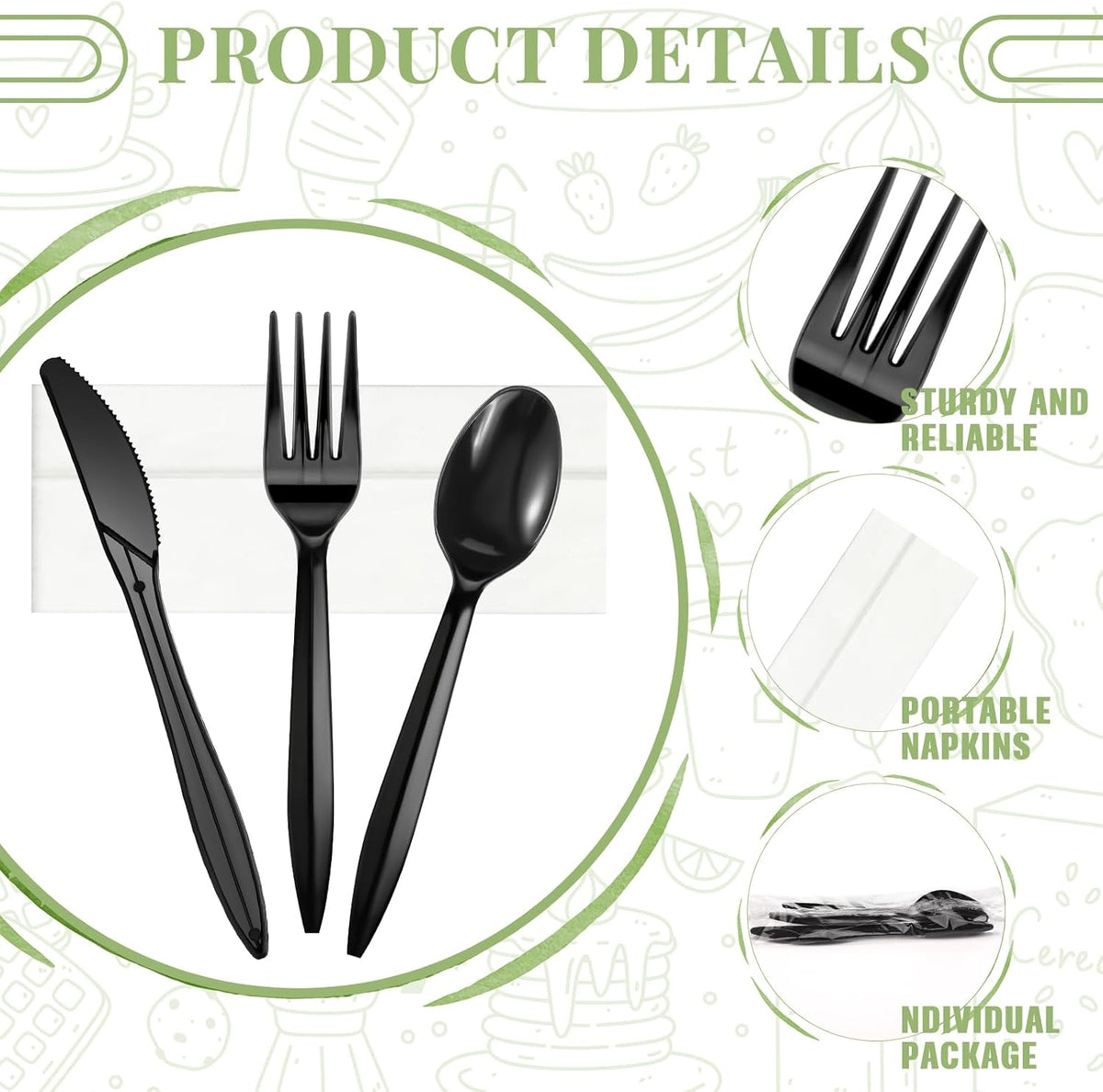 Uiifan 300 Set Plastic Silverware Knife Fork Spoon Napkin, Black