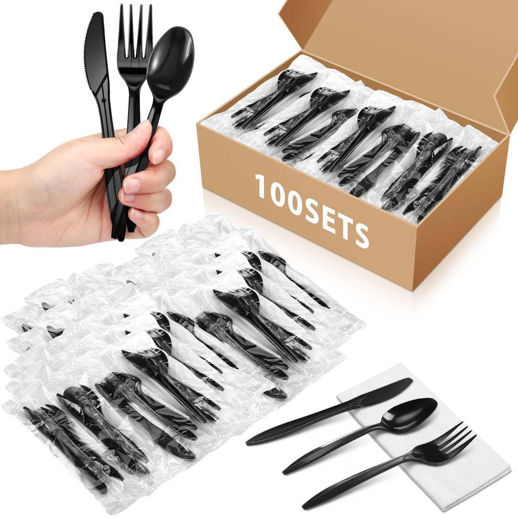 Uiifan 300 Set Plastic Silverware Knife Fork Spoon Napkin, Black