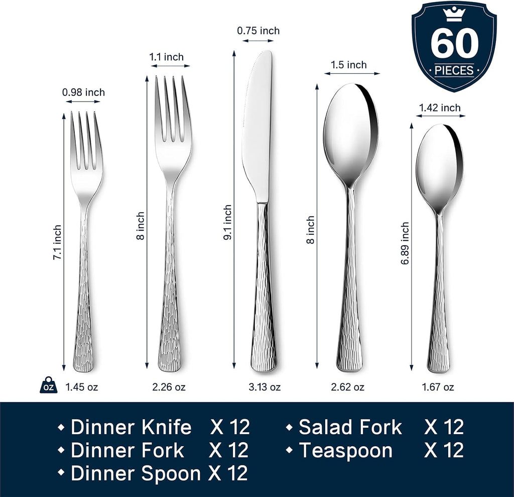60 Pcs Silverware Set 18/10 Stainless Steel Hammered Flatware Set for 12
