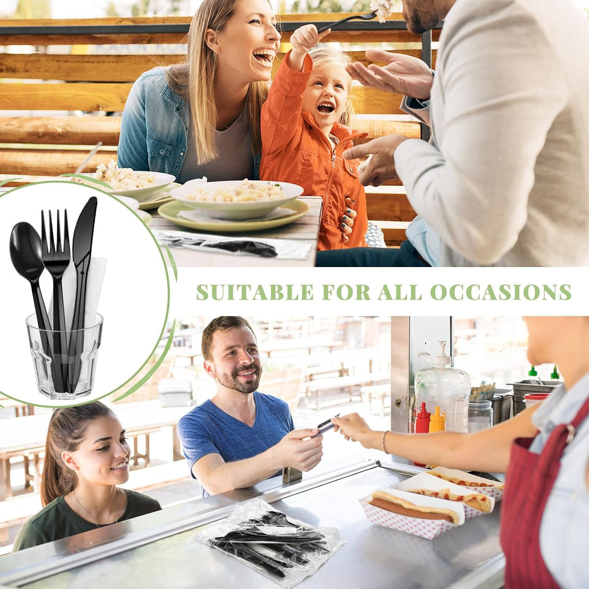 Uiifan 300 Set Plastic Silverware Knife Fork Spoon Napkin, Black