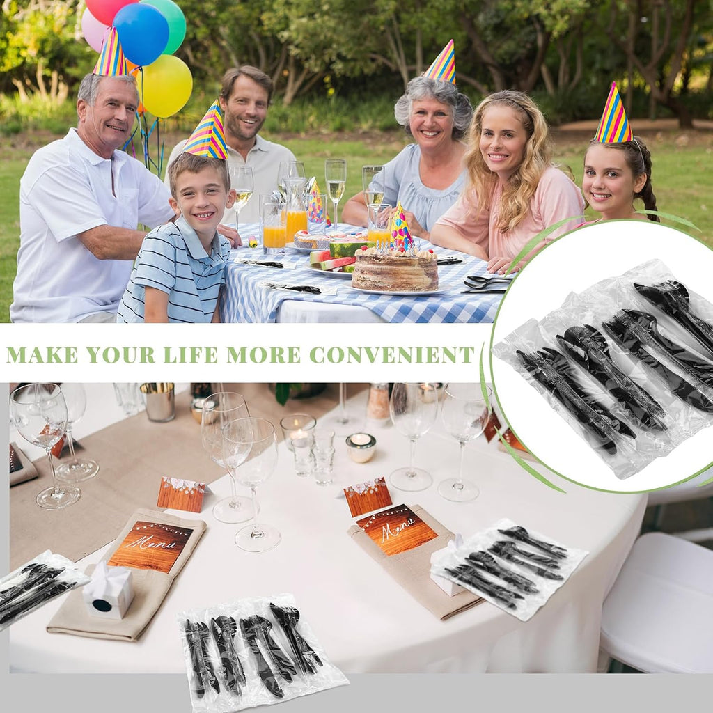 Uiifan 300 Set Plastic Silverware Knife Fork Spoon Napkin, Black