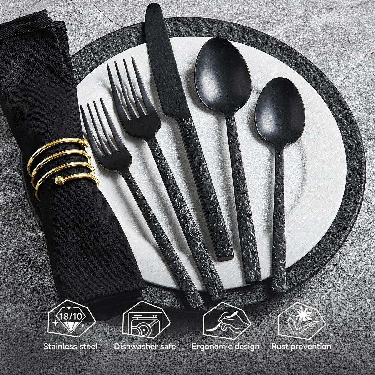 40 Pcs Black Hammered Silverware Set for 8, 18/10 Stainless Steel Flatware