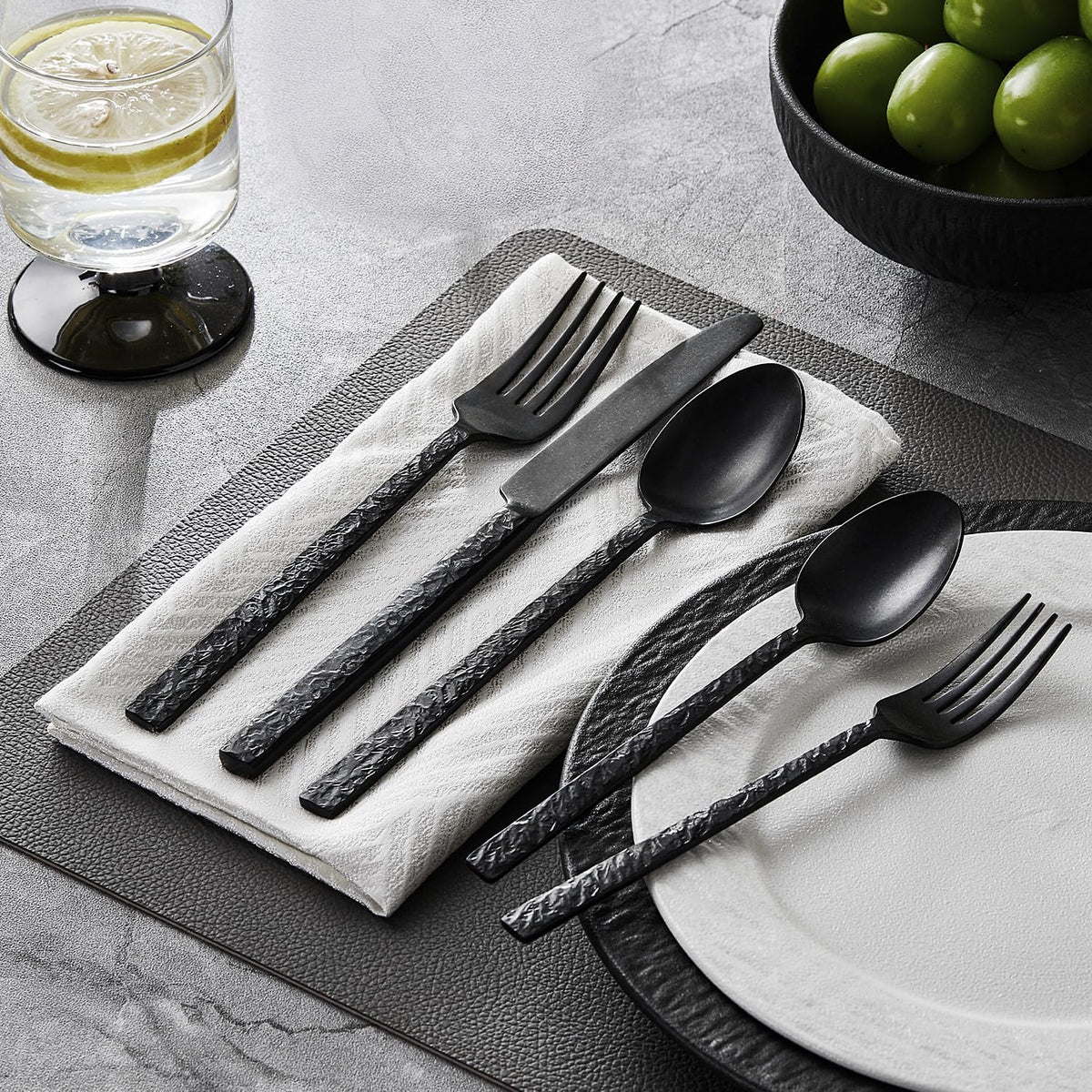 40 Pcs Black Hammered Silverware Set for 8, 18/10 Stainless Steel Flatware